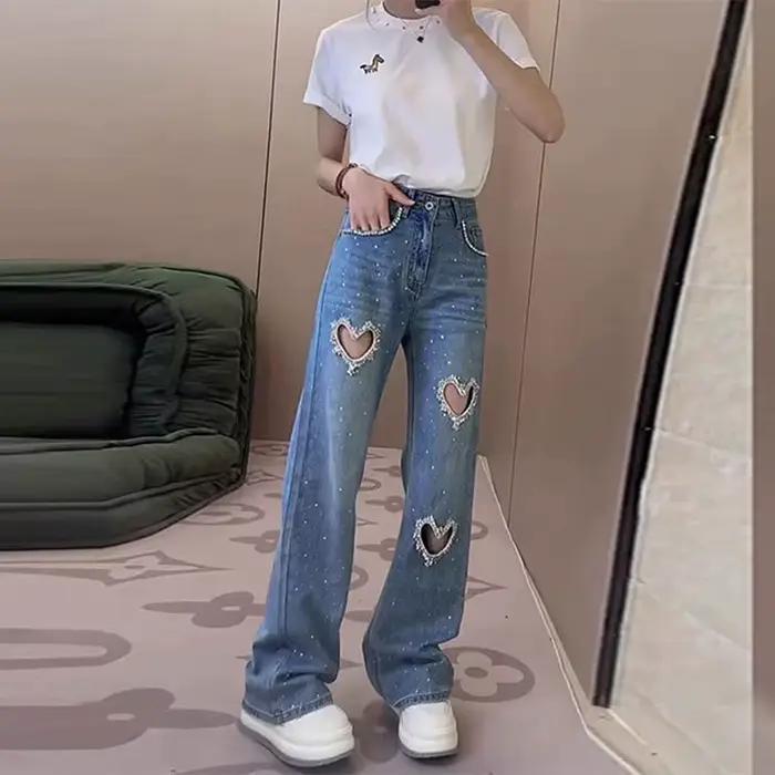 Love Jean Perforé incrusté de diamants et de perles pour femmes style streetwear été printemps occassions spéciales jeans perforés ajustement mince matériaux polyester coton style junior haute qualité