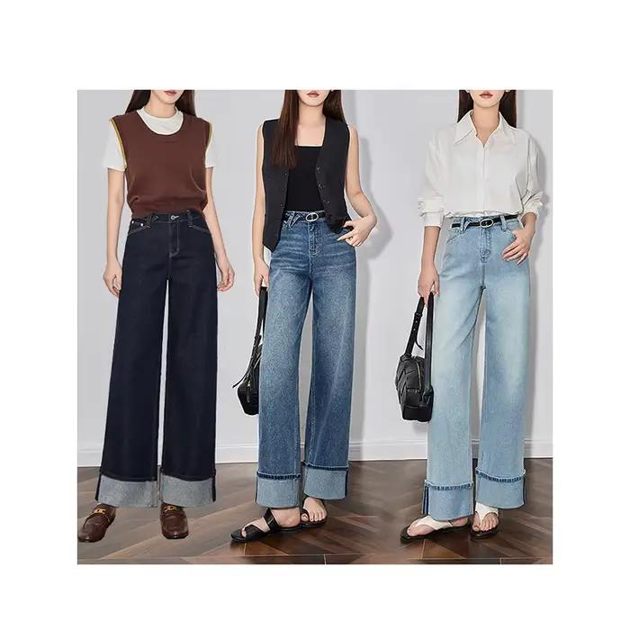 TOYOUTH femmes Denim jean 2025 printemps nouveau à la mode ourlet retroussé droit jambe large pantalon