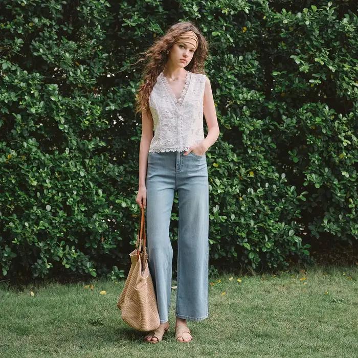 Pantalon en denim décontracté et tendance OLrain pour femmes effets vieillis et vêtements féminins occasions spéciales été 2026