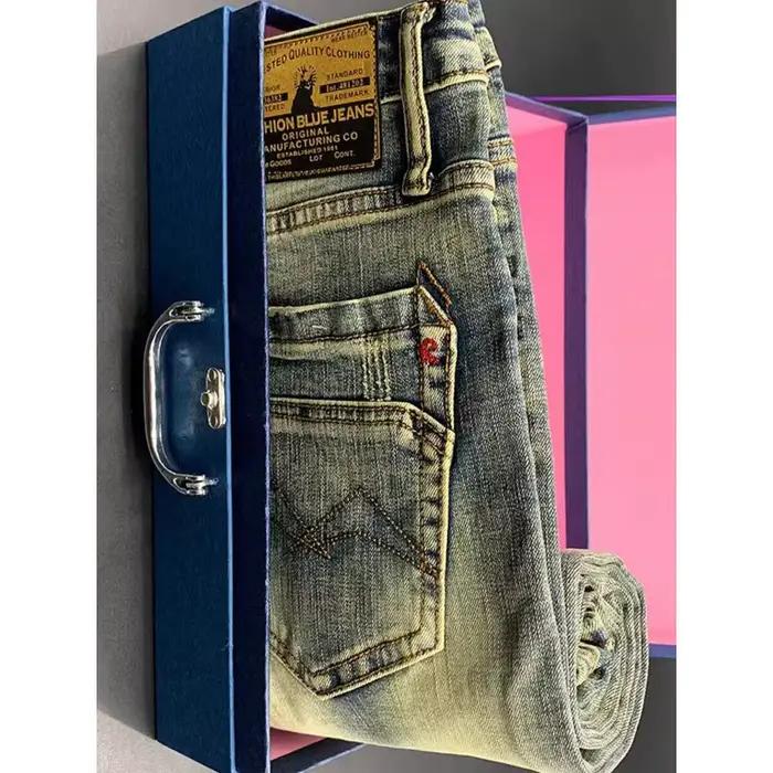 Mode de rue hommes jean rétro bleu élastique mince déchiré