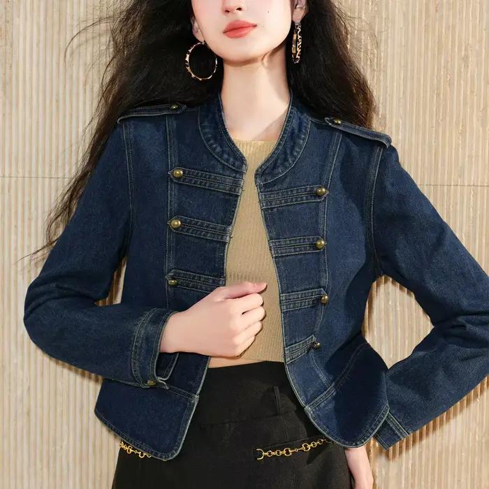 LOUIS YAO femmes vestes col montant coupe ajustée veste en jean 2025 automne Design à la mode bouton décoratif haut pour femme
