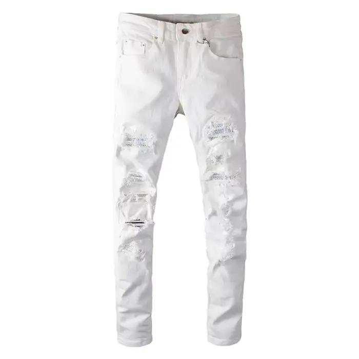 Sokotoo hommes trous de cristal blanc déchiré jean mode mince maigre strass Stretch Denim pantalon