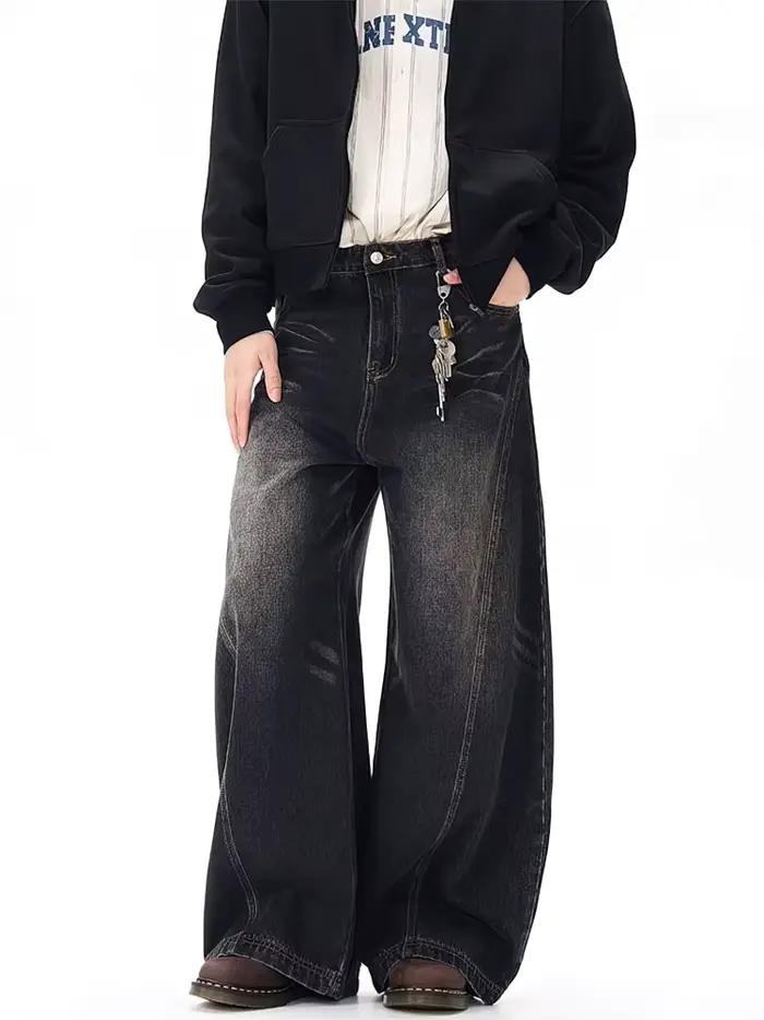 Vintage noir lavé Baggy jean pantalon hommes jambe large lame incurvée