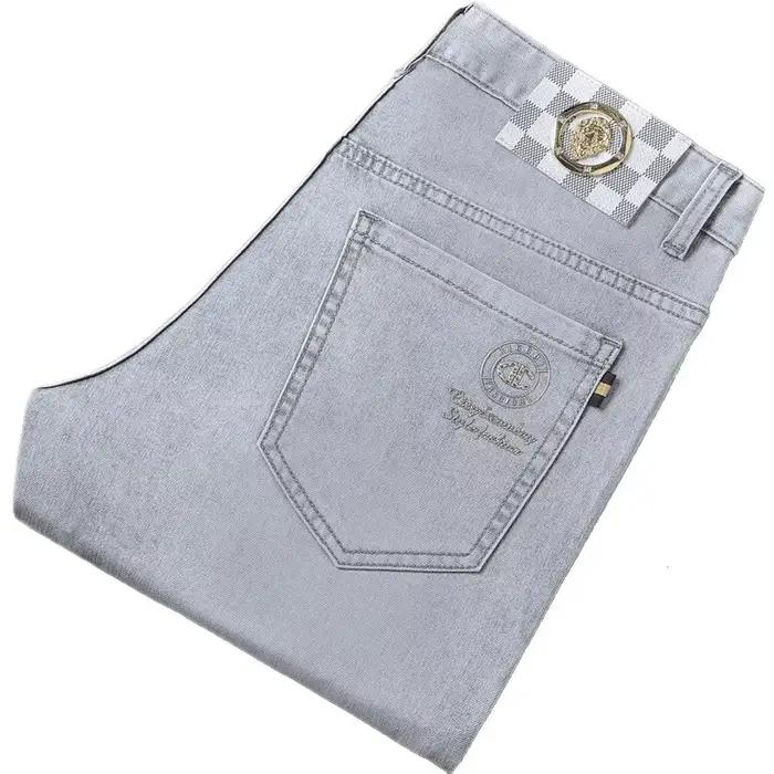 Jean Slim Taille Haute Coupe Droite Style Élégant Denim Gris Clair Occasionnels Printemps Automne Homme