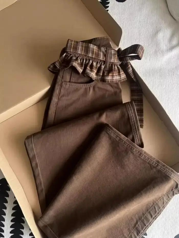 Jeans à carreaux marrons pour femmes style rétro ample et confortable pantalons coupe large polyvalent automne hiver