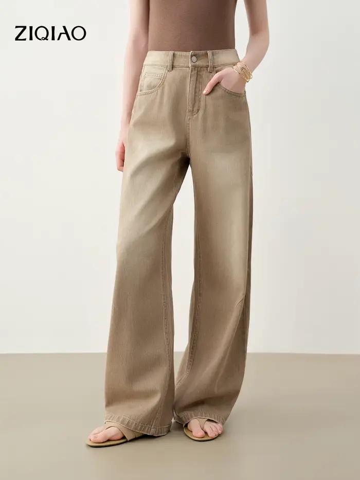 Jeans vintage délavés ZIQIAO coupe ample pour femme, style urbain décontracté, confortable et durable pour printemps et été ```