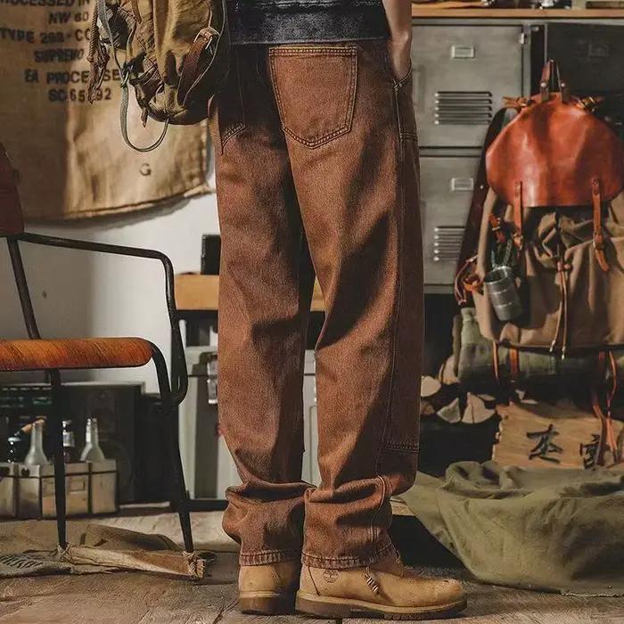 American Vintage Men's Jeans Make Old Loose Logging Cargo Pants Spring Autumn Splicing Design Straight Denim Trousers Male Retro