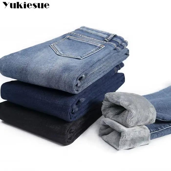 Hiver épais femme velours femmes taille haute jean moulant Simple polaire chaud coupe ajustée Stretch dames décontracté Denim crayon pantalon