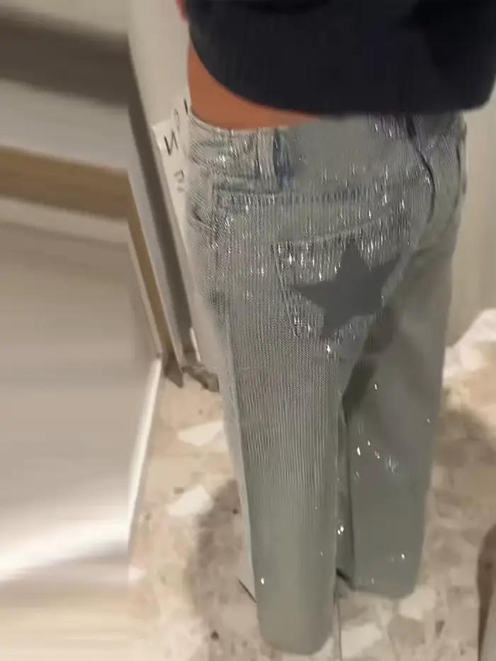Jean chic à strass étoiles brillantes pour femme – Pantalon long droit taille mi-haute décontracté et polyvalent pour l'été et l'automne