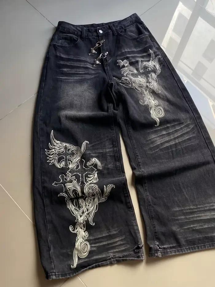 Jeans baggy noir à imprimé vintage américain