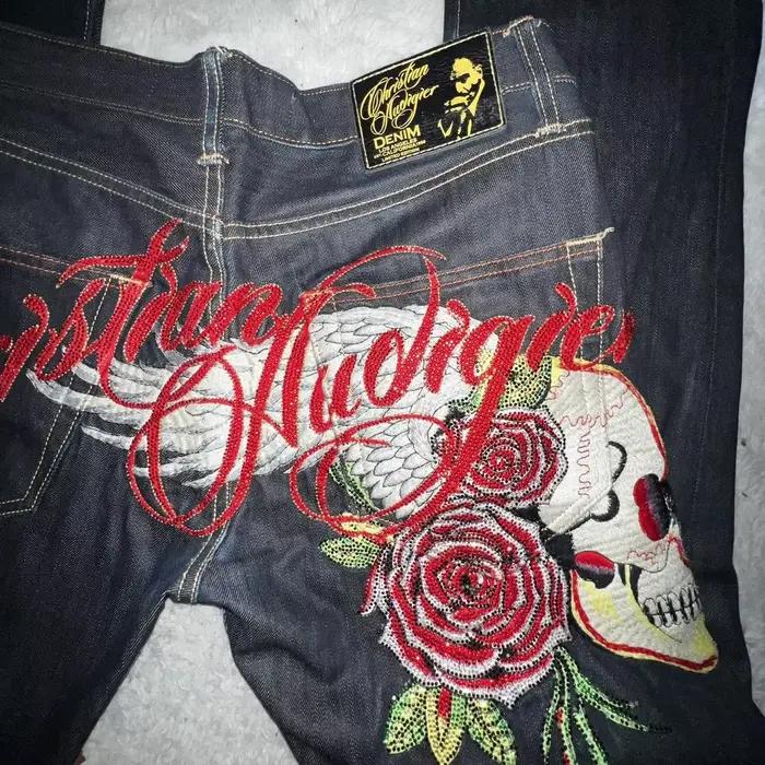 Jeans à broderies d'ailes d'ange pour femme