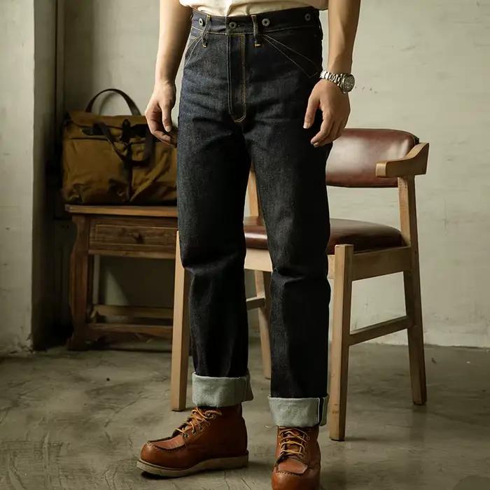 0002B Red Tornado Jean en denim brut indigo non lavé non sanforisé taille haute 14oz