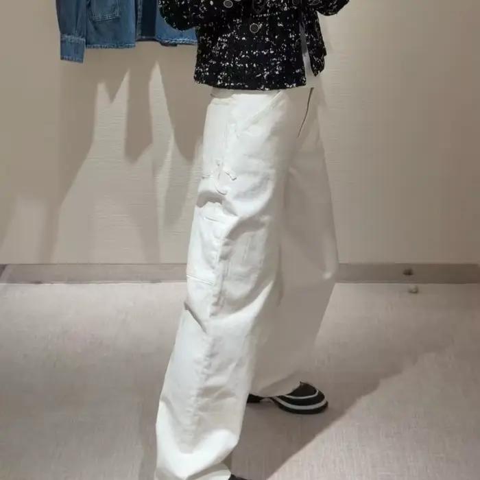 Jean en coton blanc décontracté taille haute coupe droite avec poches pour femme