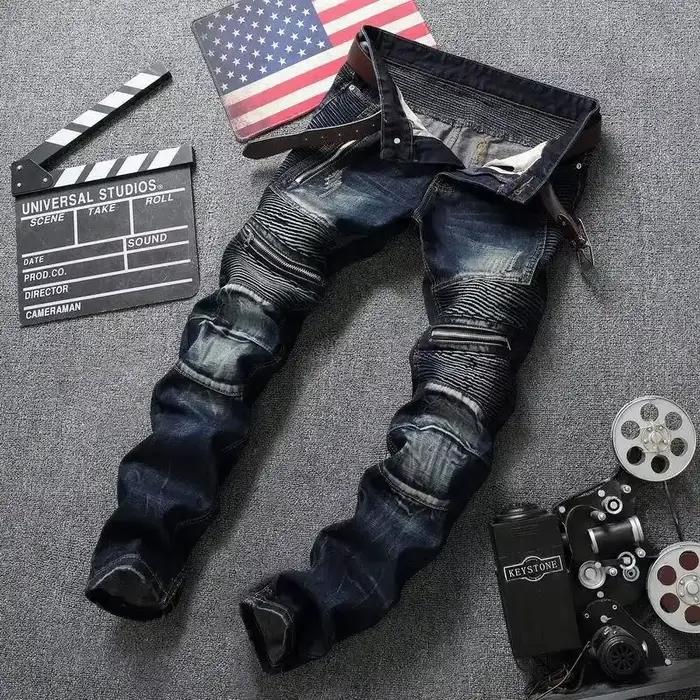 Punk Street Style déchiré jean moulant hommes Vintage lavage solide Denim pantalon
