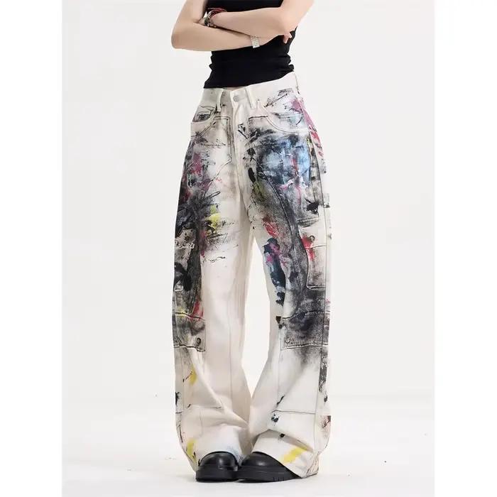 Jean imprimé à la mode, pantalon de nettoyage en denim avec graffiti rétro, style coréen ample hip hop jambes larges polyester 2025
