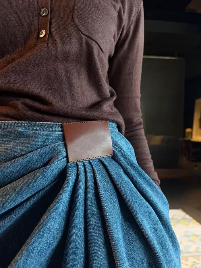 SHENGPALAE Jean large asymétrique en PU style européen et américain avec ceinture à nouer pour femme