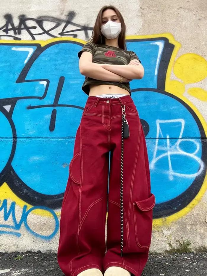 Jean Rue Vintage Y2K Harajuku Rouge Baggy Pantalon Taille Haute Pour Femmes Occasions Spéciales