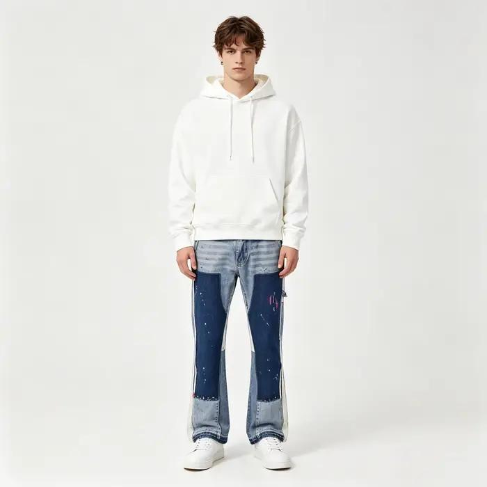 Jeans évasés vintage pour homme coupe botte effilochée, style high street, patchwork, coton, pour tous les styles de vie urbains et streetwear