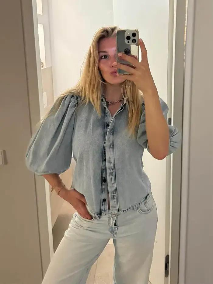 HH femmes mode Denim pantalon costume revers ample simple boutonnage petit haut + élégant taille haute fermeture éclair décontracté jambe large pantalons longs