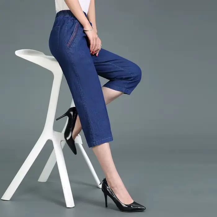 Jean décontracté pour femme en denim mince avec broderie, longueur mollet, taille haute, pour l'été et les occasions spéciales