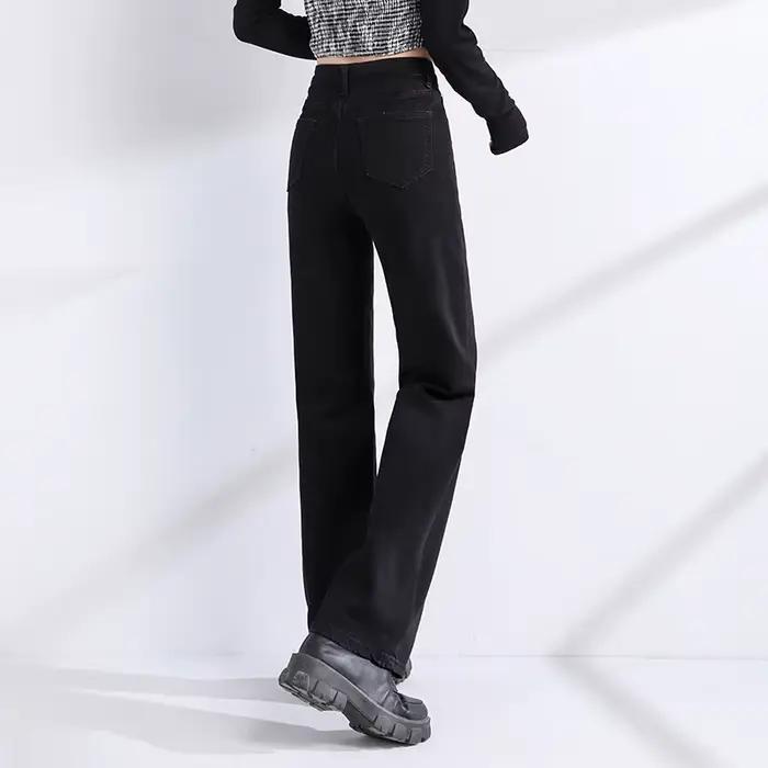 OUSSYU jean femmes droit coton taille haute Denim pantalon couleur unie noir bleu Stretch mode urbaine Vintage Baggy