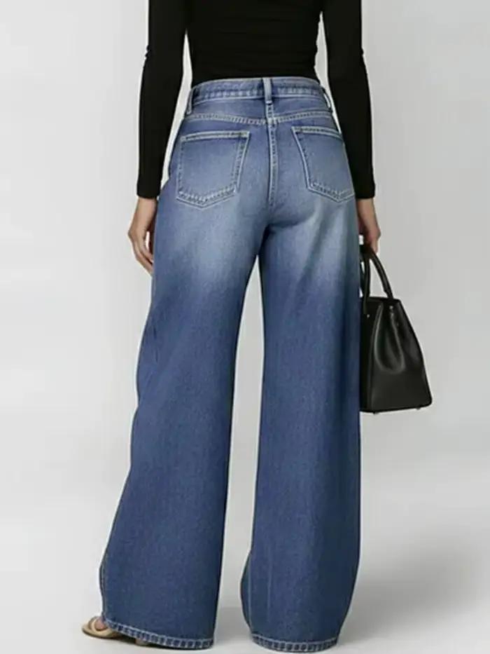 Jean large décontracté bleu délavé avec œillets métalliques pour femme occasions toute saison