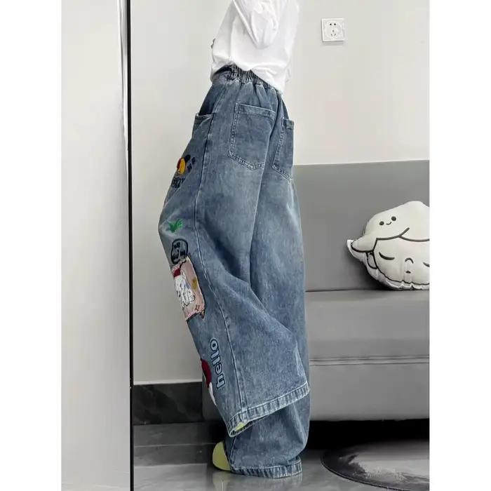 Jeans Rétro Américains Brodés Style Cartoon pour Hommes et Femmes – Coupe Ample Décontractée à Jambes Larges pour Couples