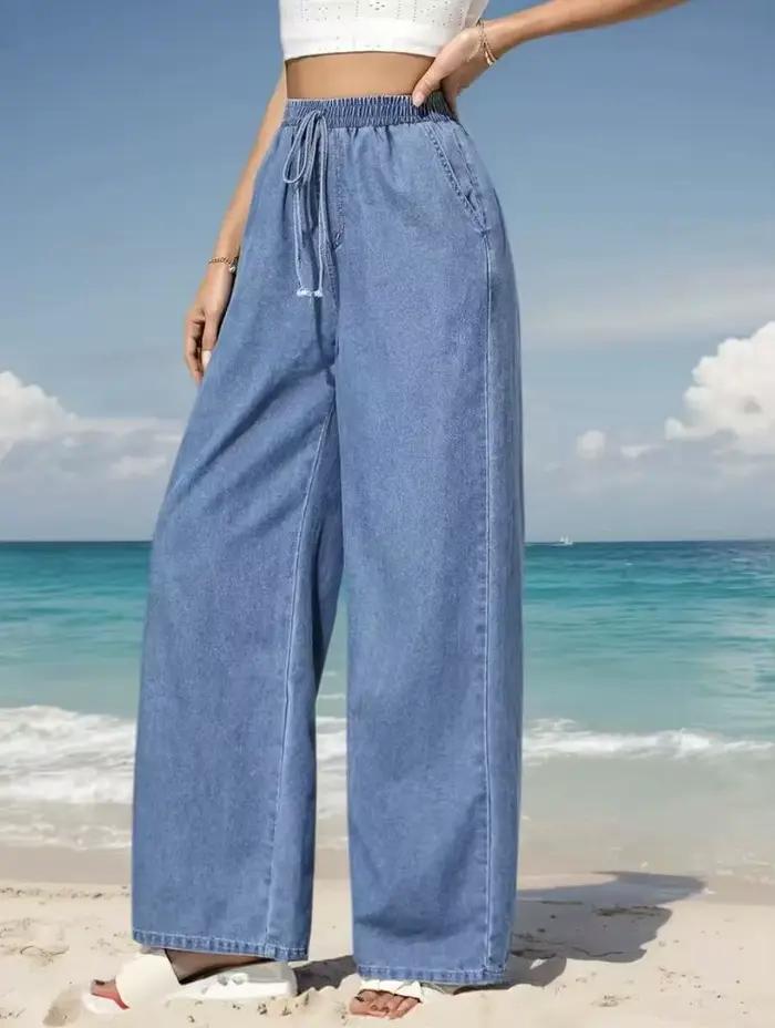 Jeans à jambes larges et taille élastique pour femmes