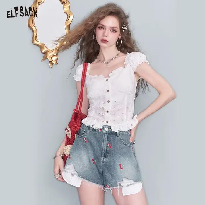 ELFSACK 2025 été nouveauté doux Cool cerise brodé irrégulière ourlet brut Jean pour les femmes