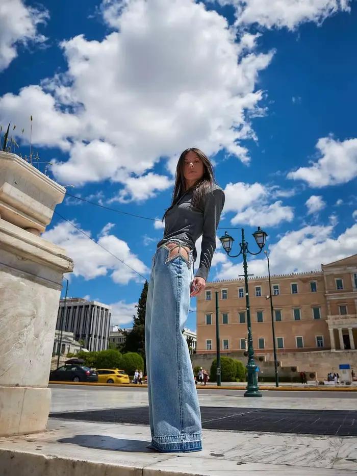 Jean pour femme Y2K à strass ajourés