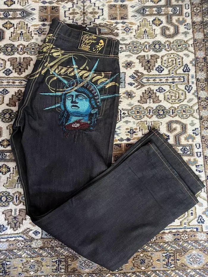 Jean décontracté vintage années 2000 avec motif Statue de la Liberté et diamants