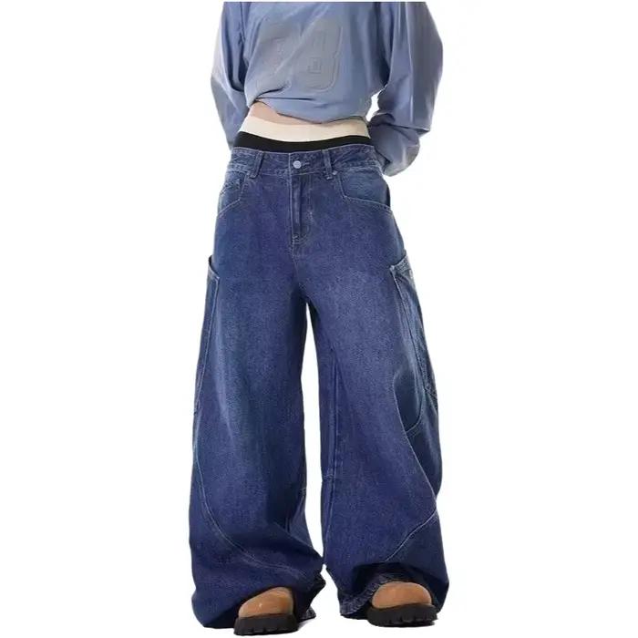 Jean rétro taille haute en denim lavé pour homme et femme, style américain, coupe large, idéal pour printemps et automne, polyvalent pour diverses occasions
