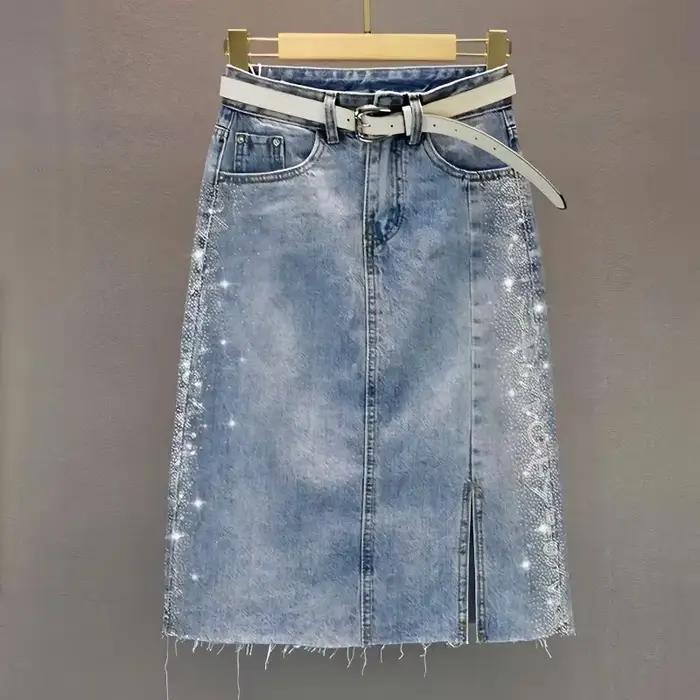 Jupe en jean taille haute chic et élégante style coréen midi avec fente pour femmes printemps été casualité sophistication confortable ocassions multiples