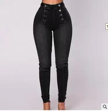 Denim crayon pantalon femmes Vintage jean taille haute lavé Double boutonnage poches basiques cheville longueur
