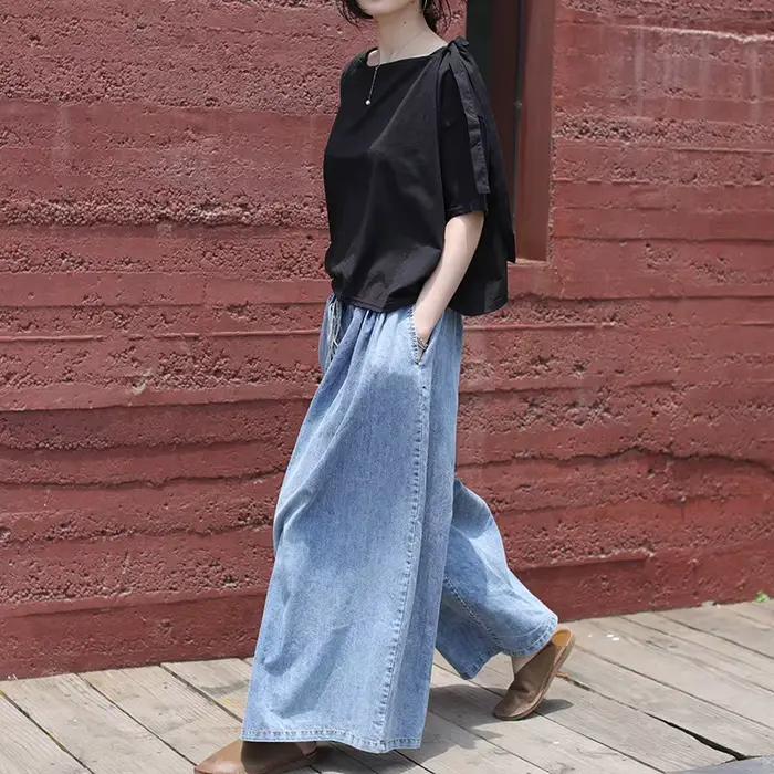 Vintage lavé en détresse femmes jean taille élastique à lacets littéraire ample pantalons décontractés mode polyvalent Simple femme pantalon