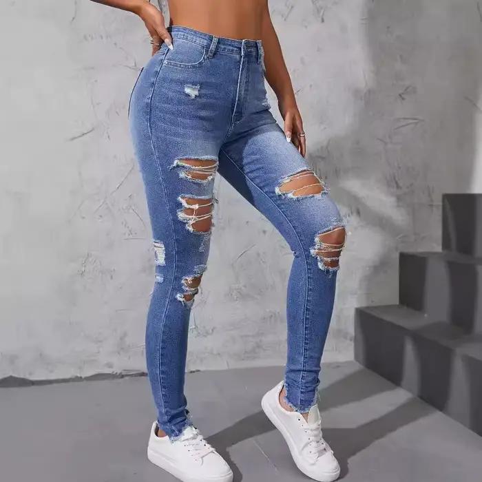 Jean slim déchiré délavé pour femmes, nouvelle mode de rue, taille haute, pantalon décontracté à petites jambes, pantalon crayon, printemps et automne