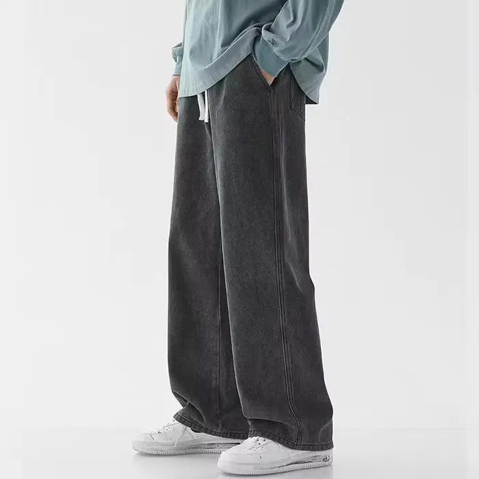 Jean Long Décontracté Coréen Coupe Droite Classique en Denim Jambes Larges Couleurs Unies Hommes Occasions Voyage Style Hip Hop