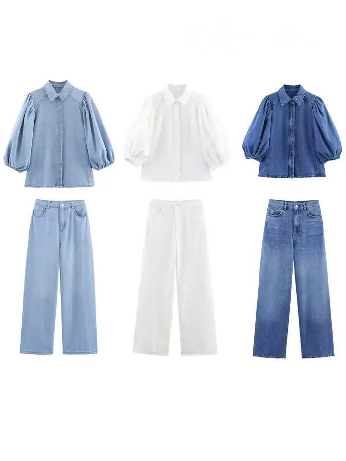 HH femmes mode Denim pantalon costume revers ample simple boutonnage petit haut + élégant taille haute fermeture éclair décontracté jambe large pantalons longs