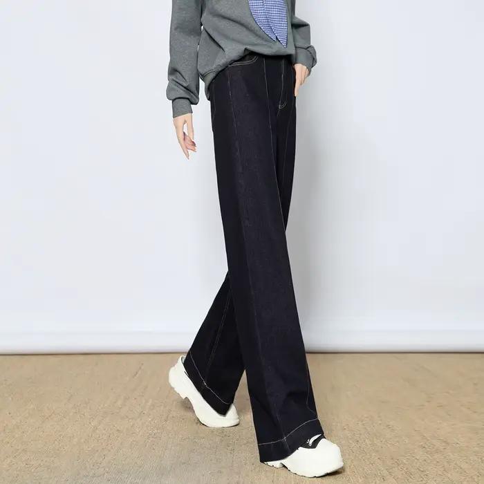 LOUIS YAO 2025 hiver épaissi taille haute jambe droite jean Long Micro élastique contraste bouton femmes pantalon