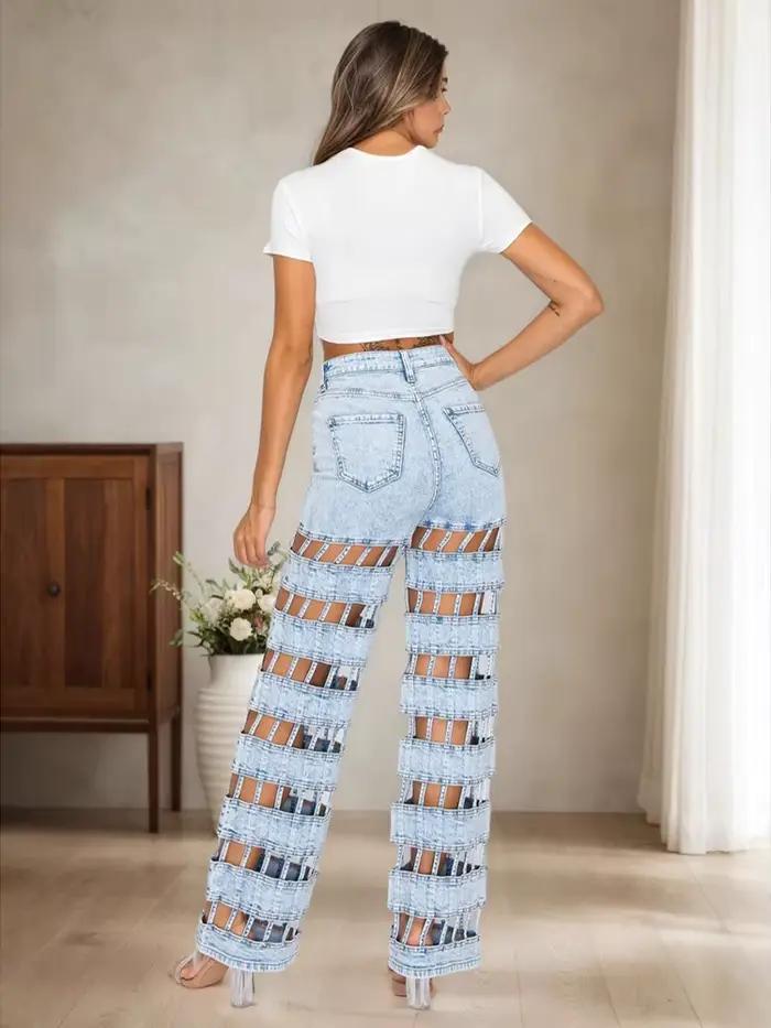 Mode évider Denim pantalon femme couleur unie taille haute jambe large jean