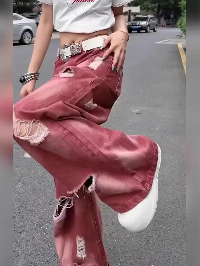 Jean Cargo Déchiré Rose Y2k pour Femme