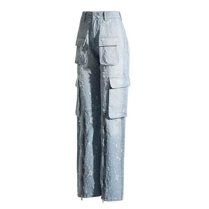 Jean droit déchiré style rétro américain pour femme