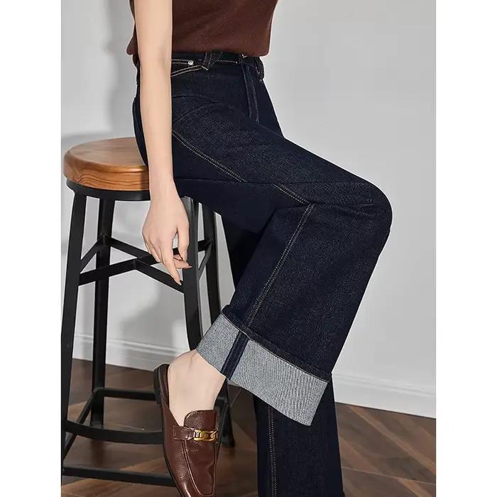 TOYOUTH femmes Denim jean 2025 printemps nouveau à la mode ourlet retroussé droit jambe large pantalon