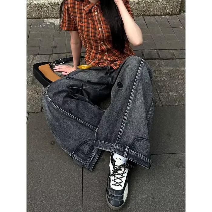 Jean noir féminin vintage à taille haute cargo jeans amples pour femmes été décontracté ample grand tailles jambes larges denim baggy pantalon Y2K