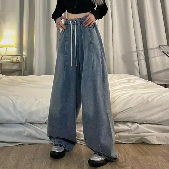 Jeans amples vintage unisexes avec taille élastique et poches profondes pour femmes, style décontracté, matériau polyester, adapté aux saisons automne-hiver, pour une utilisation polyvalente et élégante