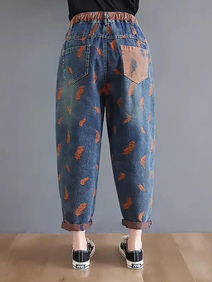 Jean pour femmes printemps rue plume broderie couleur contraste ample mince cordon poches taille élastique Denim pantalon femme