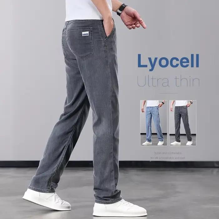 Été mince hommes jean Lyocell tissu doux respirant droit Denim pantalon marque homme élastique glace soie