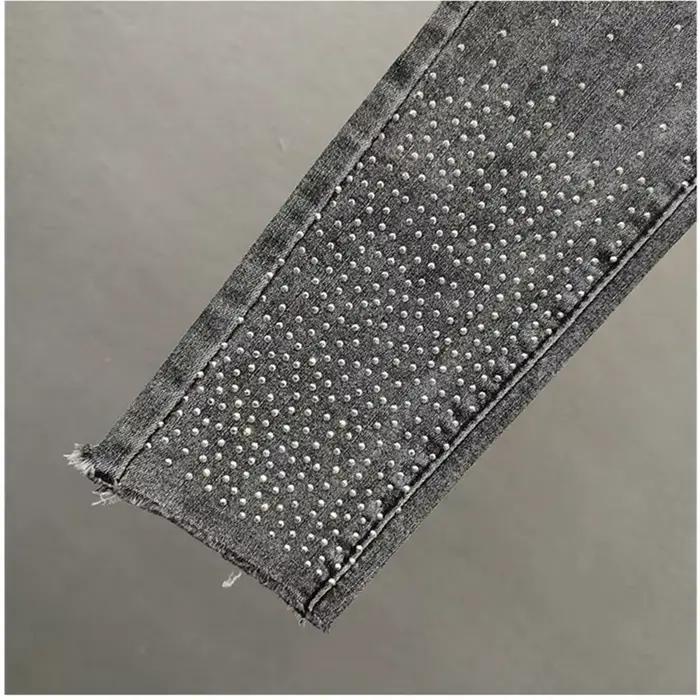 Jean femme 2025 été nouveau élastique mince industrie lourde diamant chaud petit pied crayon pantalon