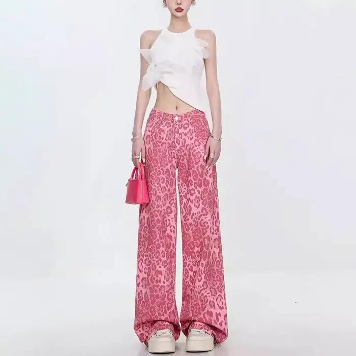 Jean à imprimé léopard rose pour femme