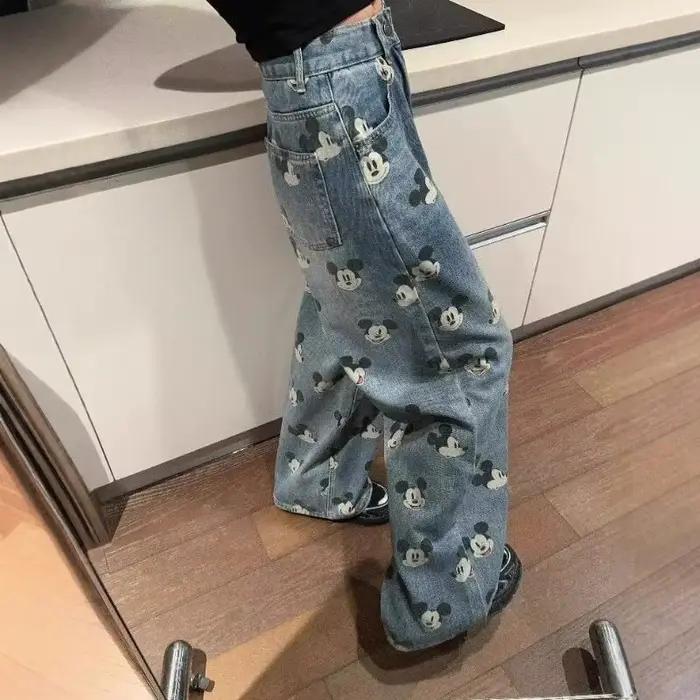 Jeans pour filles de style rétro américain Pantalon ample décontracté pour l'automne printemps impression de dessins animés matériaux coton polyesters adapté aux adolescents occasions sportives cadeaux